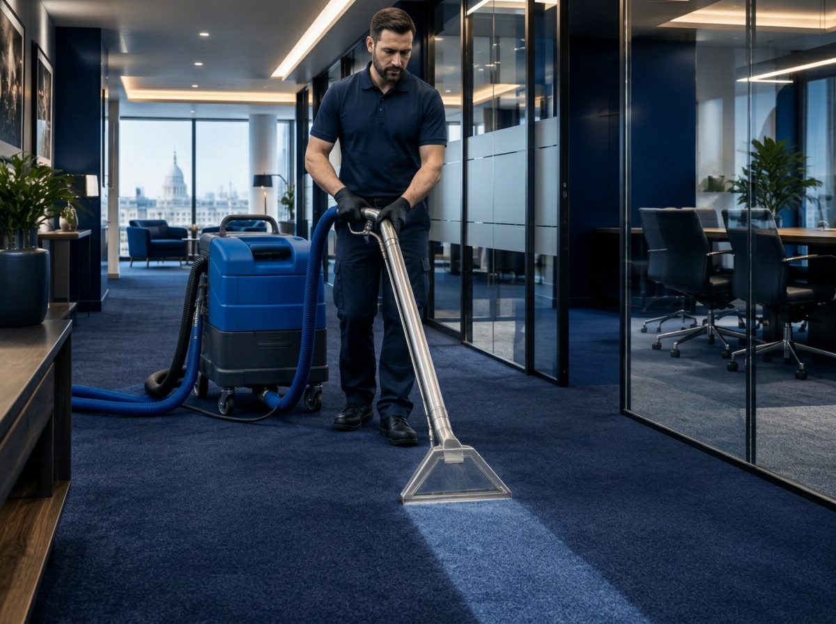 Professional hot-water extraction machine deep cleaning a carpet